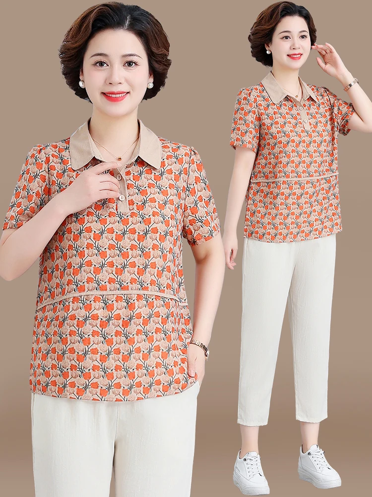 

Fashionable Cotton Linen Short Sleeve Outfit for Middle-Aged Women Summer New Style Loose Fit Seven-Piece Pants T-Shirt Set