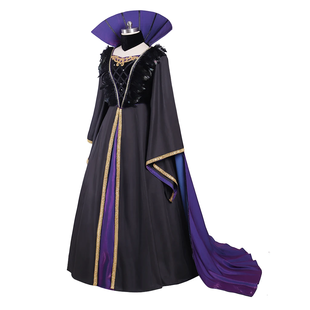 Movie Witch Cosplay Costume Medieval Period Witch Costume Women Dark Purple Feather Robe Dress Halloween Carnival Night Costume