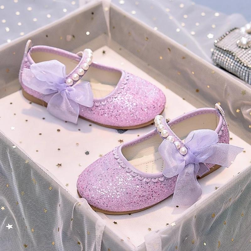 

Spring Autumn Kids Ballet Leather Shoes Sequins Elegant Girls Princess Dress Shoes Fashion Pearl Bowknot Children's Flat Shoes