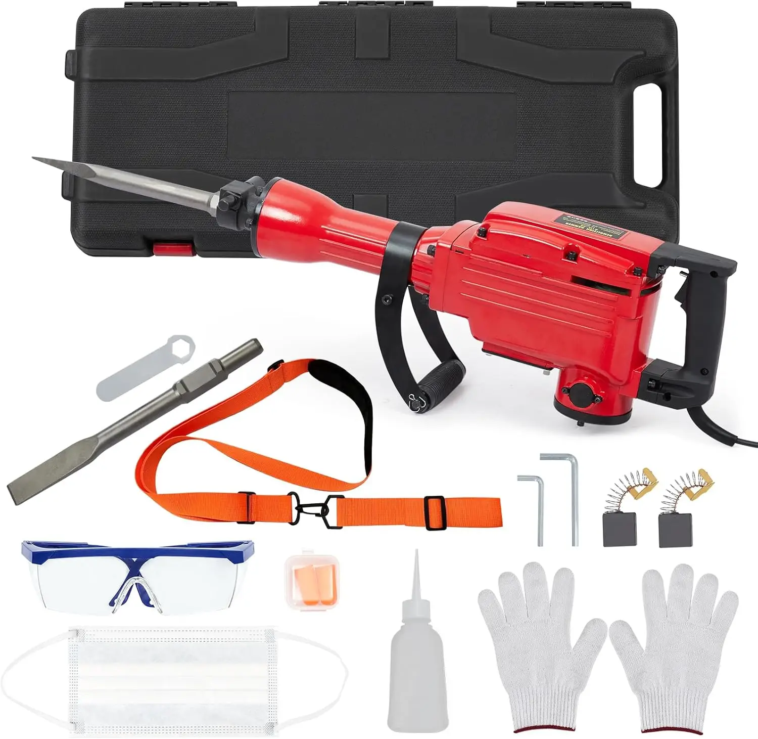 Demolition Jack Hammer - Max 2200W Electric Heavy Duty, Concrete Breaker, 6Pcs Chisels Bit, Chipping W/Case, Gloves, Red