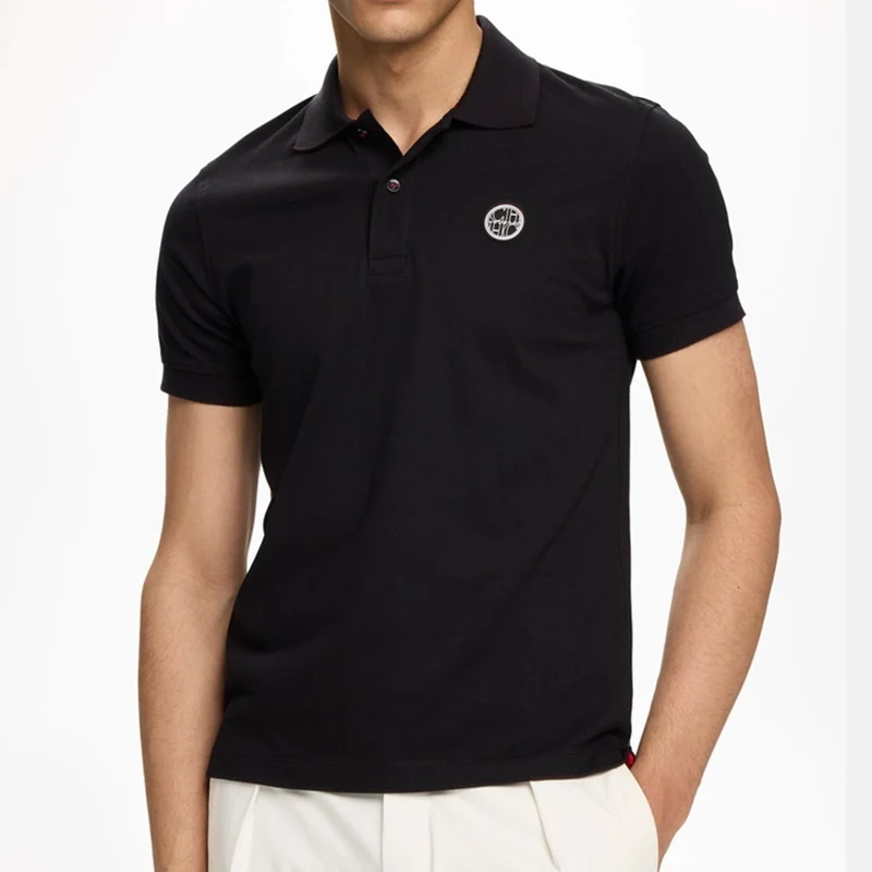 CH Rundhals-Poloshirt für Herren mit Gummi-Patch auf der linken Brust, Premium-Piqué, Kurzarm, klassische Passform, atmungsaktiv, für Büro und Alltag – Detail 3