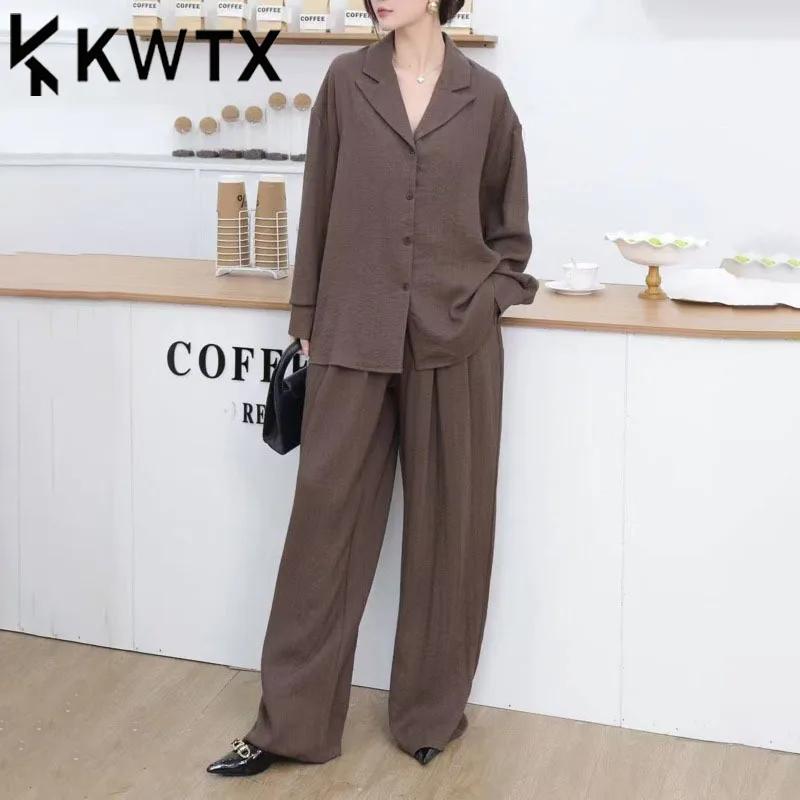 

KWTX Женский комплект из двух предметов Брюки Повседневная однобортная рубашка с завязкой на талии Топ с высокой талией и широкими штанинами Элегантный минималистичный весна-лето