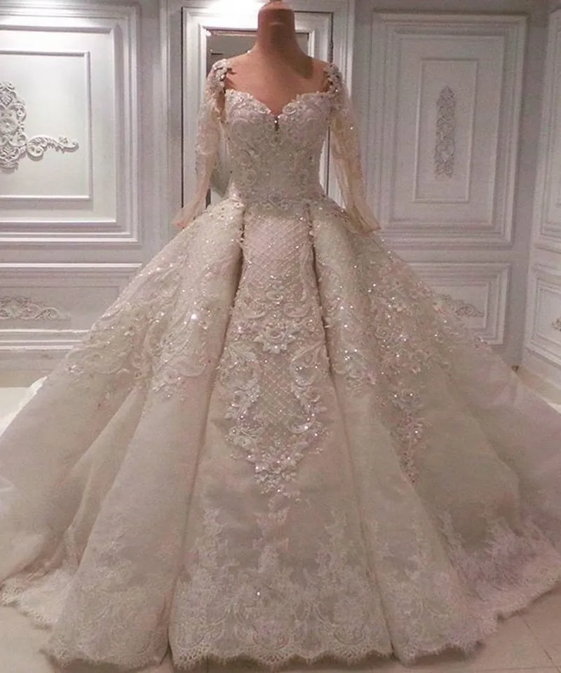 

Gorgeous Ball Gown Wedding Dress 2023 Illusion Long Sleeeves Beads Lace Appliques For Bride Arabic Dubai Vestidos De Novia