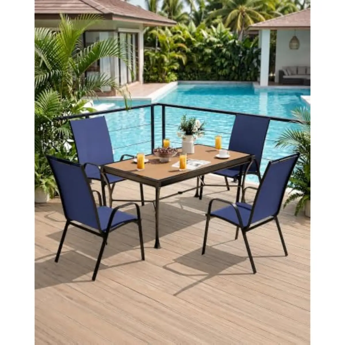 Stackable Outdoor Dining Chairs Set 4 Navy Blue Alloy Steel Frame Textilene Seat 20 Inch Wide Weather Resistant Quick Dry Non Sl