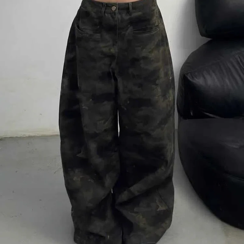 

Большой размер, американские ретро потертые камуфляжные широкие джинсы, женские осенние свободные тонкие прямые брюки для работы, брюки для мытья полов