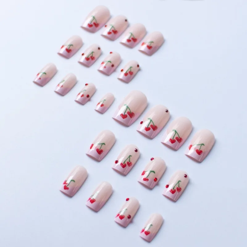 24pcs Square Short Cherry Heart Pink Press on Nails To Stick on French Tip Red Diamonds Medium Fake Nails with Glue False Nail