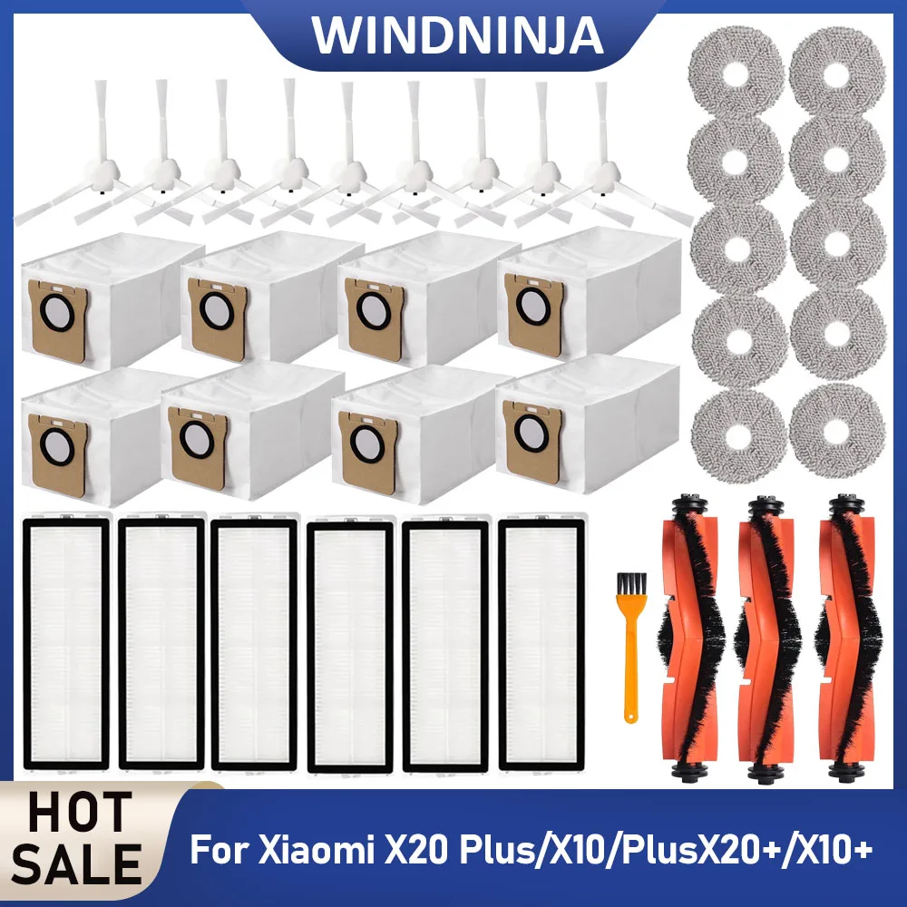 Pièce de rechange pour aspirateur robot Xiaomi X10+/X20+X10 Plus/X20 Plus : brosse latérale principale, filtre HEPA, lingettes de nettoyage, sacs à poussière