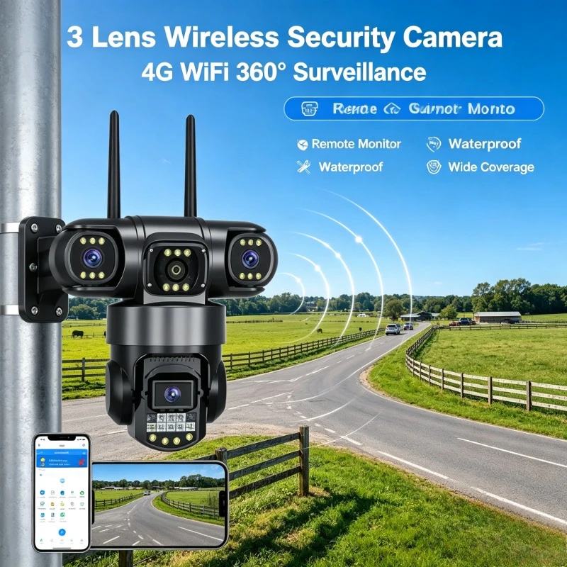 Villa Perimeter Security Cam, 2026 4G SIM WiFi 3 Lens Unit, Outdoor Waterproof 360 Degree Surveillance Monitor