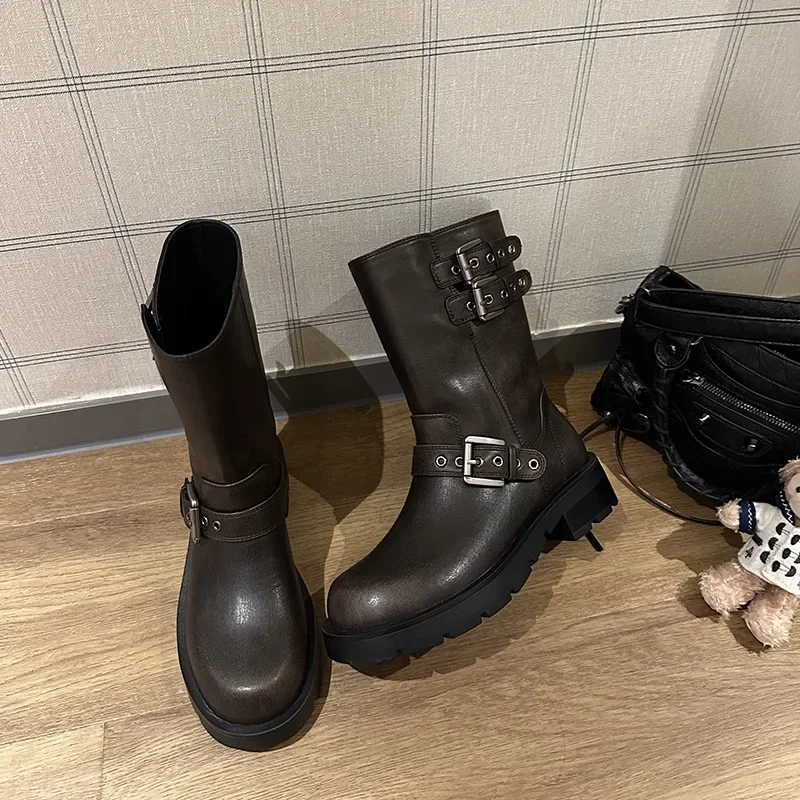 Women\'s Boots Fashion Motorcycle Riding Boot High Quality Leather Boot Retro Western Cowboy Boots for Women Platform Boots Botas