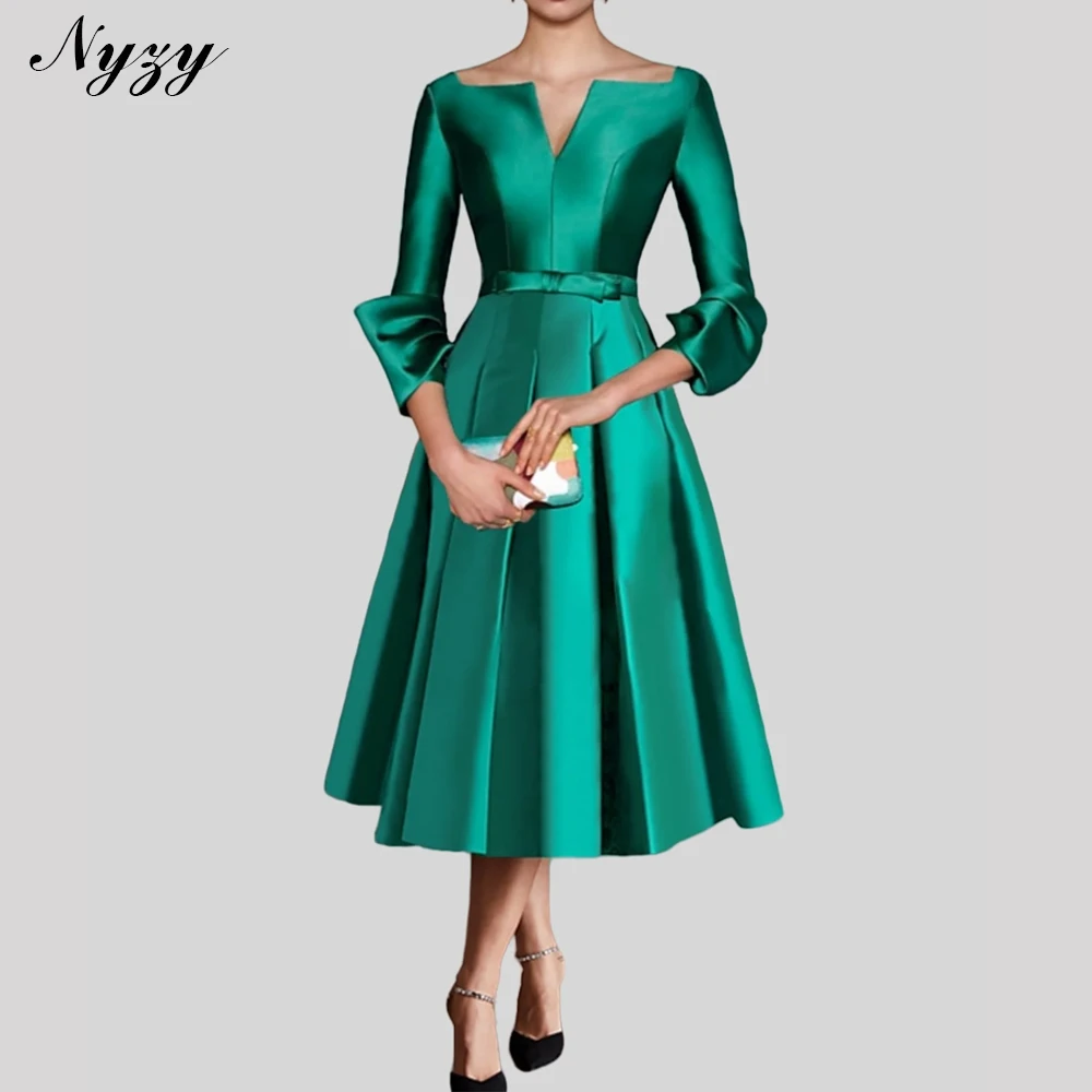 NYZY M449 Customized Elegant Mother of the Bride Groom Dresses 2025 Tea-length Emerald Green Satin Wedding Party Evening Gowns