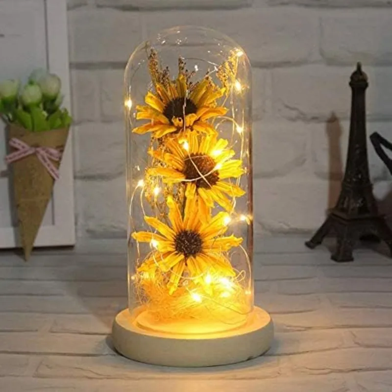 Artificial Sunflower in Glass Dome Gifts for Women Enchanted Flower with LED Light Enchanted Flower Lamp for Valentines Day