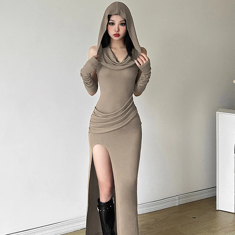 #4229 Khaki Sleeveless Hooded Long Dress Women Slim Asymmetrical Bodycon Dress Femme Gloves Slim Folds Streetwear 