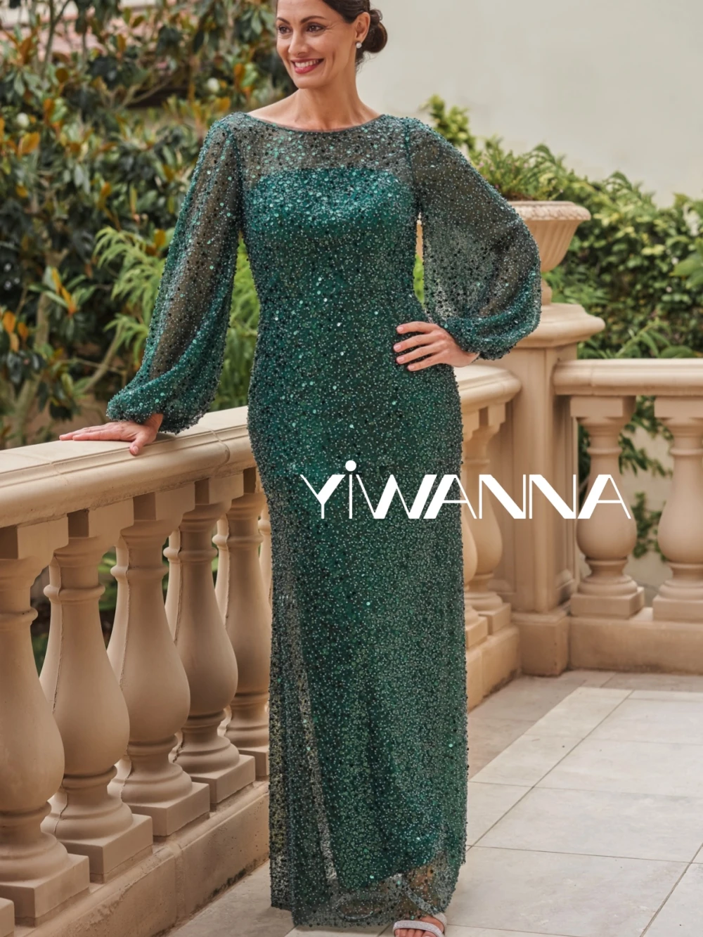 Modest O-neck Long Sleeve Mother Of The Bride Dress For Wedding Sequined Beads Prom Dress Elegant Green Customized Evening Gown