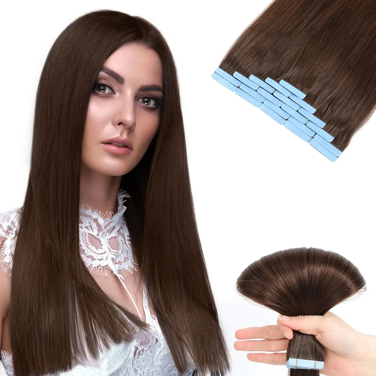 22 Inch Tape In Hair Extensions Human Hair Seamless Tape in Hair Extensions #4 Middle Brown Straight Invisible Hair Extensions