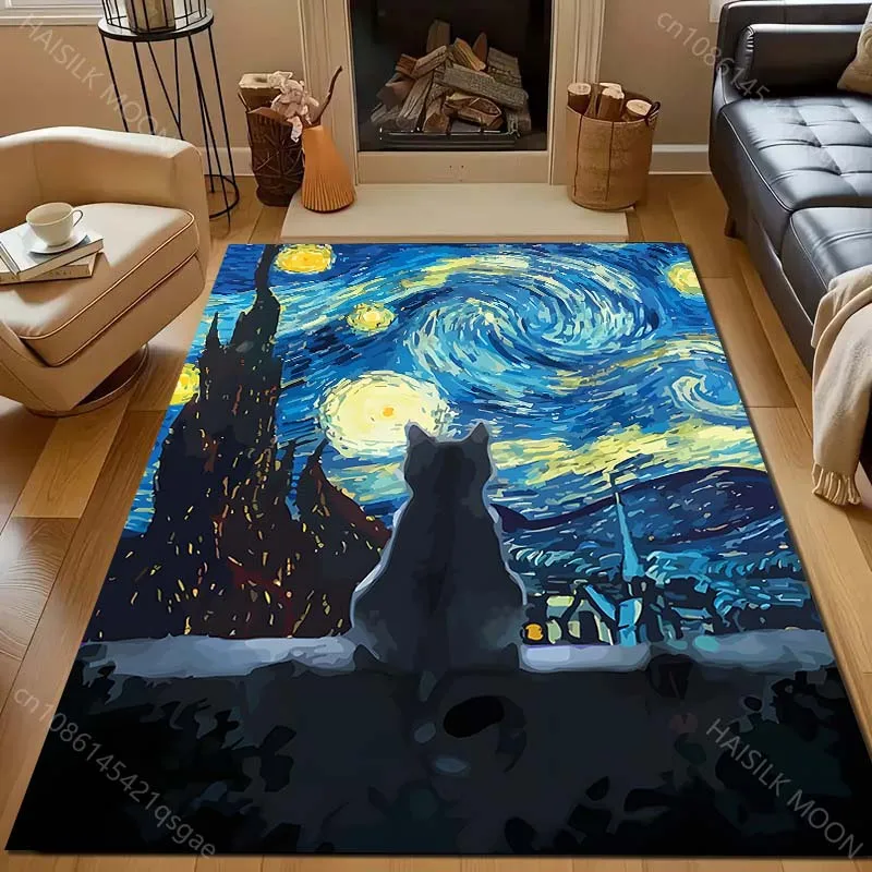 1PC Cat Watching Starry Night Carpet for Living Room Bedroom Sofa Home Decor Rus Non-slip Floor Mat Luxury Gift
