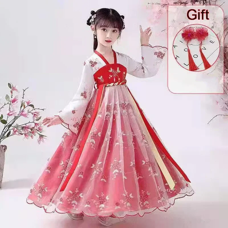 New Hanfu girls Spring Autumn child costume dress flower girl cherry blossom Tang princess dress traditional Chinese style kids