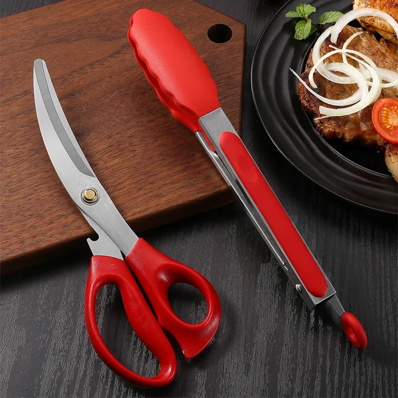 Stainless Steel Barbecue Scissors Clip Set Kitchen Tools Silicone Food Clip Scissors Outdoor Camping Barbecue Set  bbq tongs