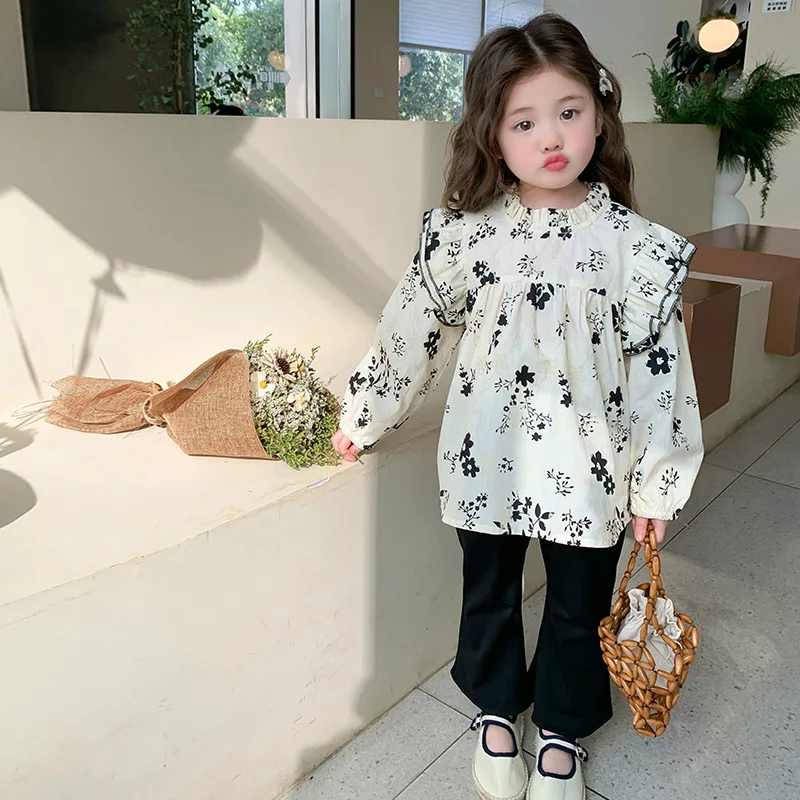 Girls Top Spring and Autumn New Korean Long Sleeved Floral Shirt Fashionable Daily Casual Versatile Temperament Western Style