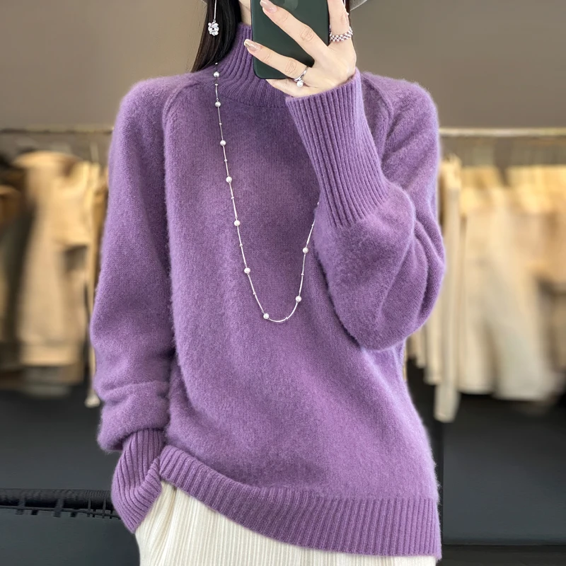 Autumn and winter new half-high-necked 100% wool ladies knitted bottoming shirt loose thickened warm solid color sweater coat