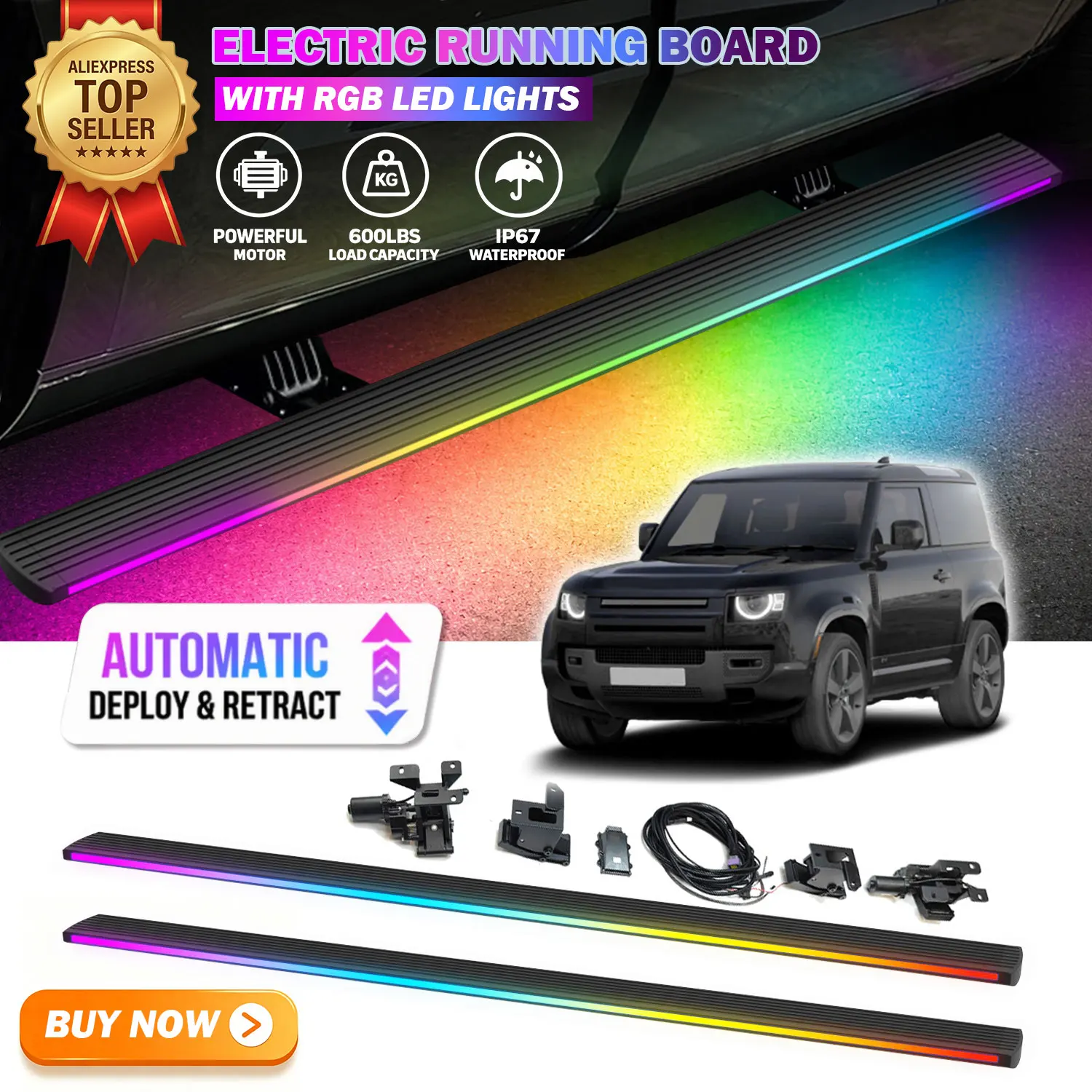 Deployable Power Electric Running Boards Fits For Land Rover Defender 90 2020-2022 with LED Light Strips Side Step Nerf Bars