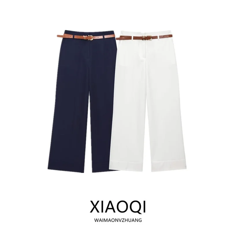 Summer 2025 New Women's Casual Pants with Belt Simple Cuffed Hem High Waist Straight Leg Long Trousers Commute Style Fashion