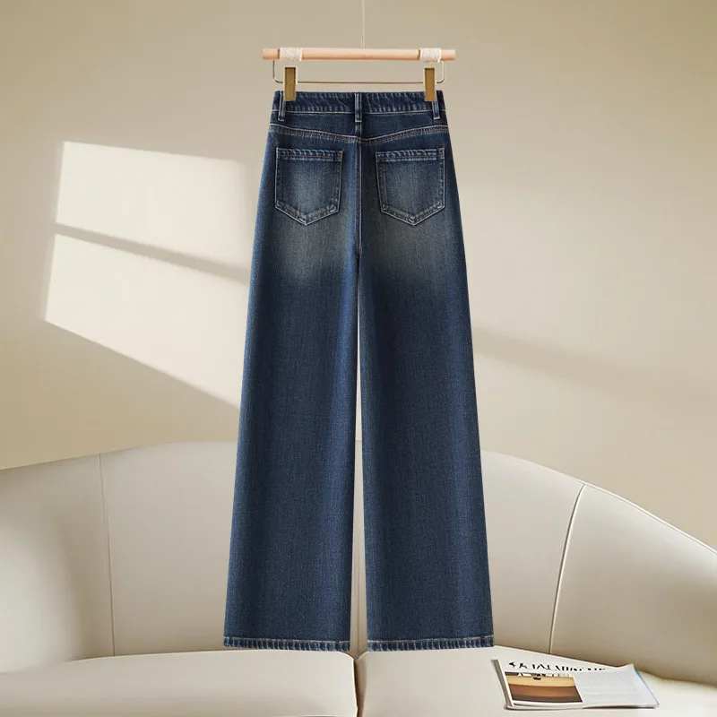 أزياء الأزرق واسعة الساق الجينز الخريف الأمريكية الرجعية عالية الخصر التخسيس فضفاض السراويل المستقيمة السراويل الطويلة