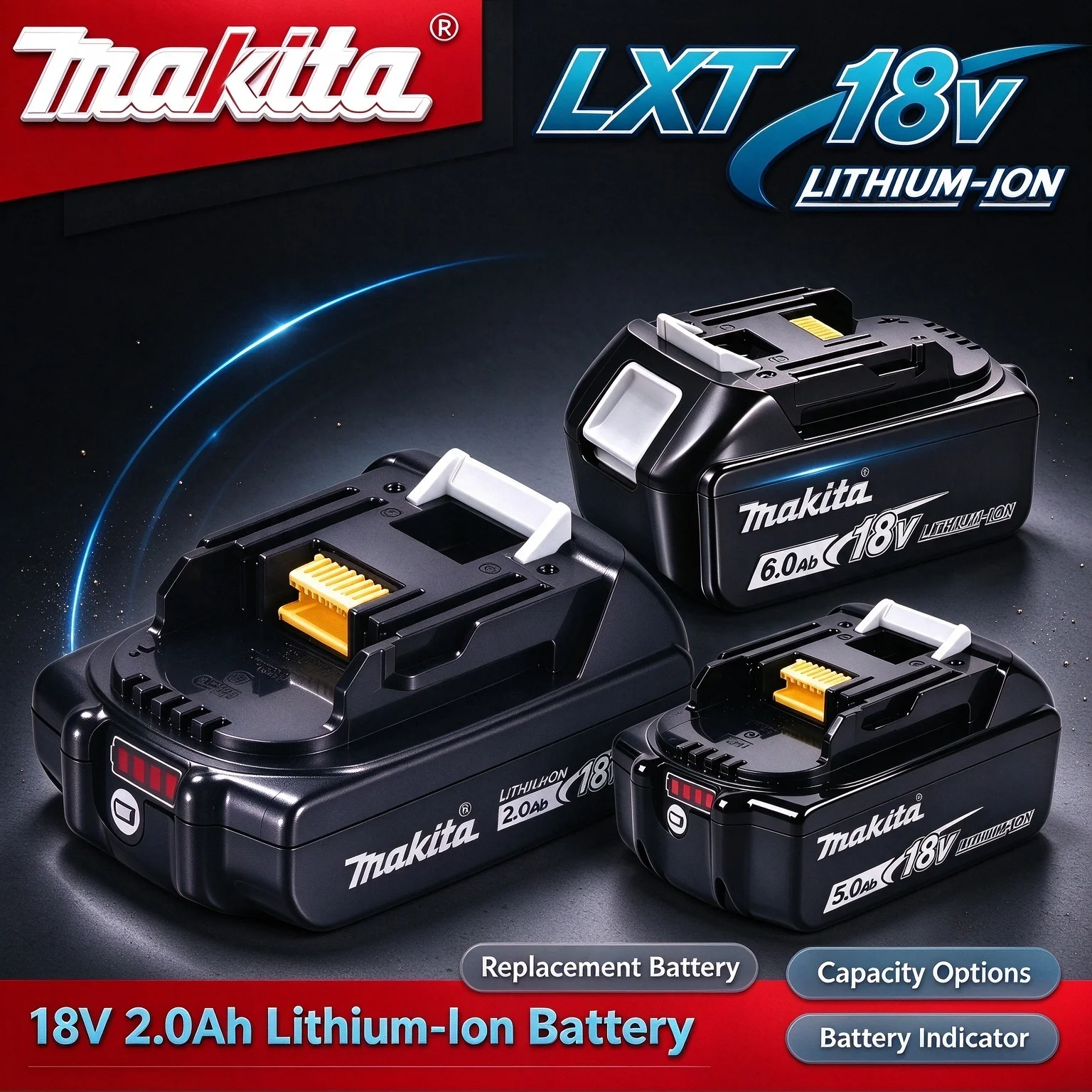 Makita Genuine 18V LXT Li-ion Battery, BL1820B BL1850B BL1860B, 2.0Ah 5.0Ah 6.0Ah Optional for 18V Cordless Power Tools
