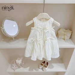 Girls Casual Dresses Bow Knot Summer New Korean Children Clothing White Lantern Skirt Ballet Style Vest Bows 2024