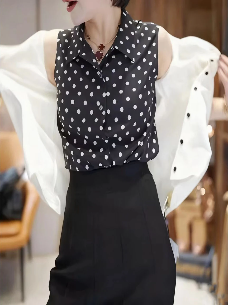 plus Size Polka Dot Vest Women's Summer New Sle High Quali irt Collar Blouse Top Korean Sle Straight Cut Print Polyester