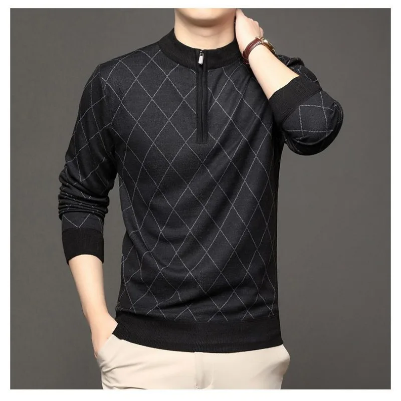 سترة رجالية سميكة ذات ياقة مدورة خفيفة فاخرة وسحاب محبوك في منتصف العمر سترة محبوكة #6