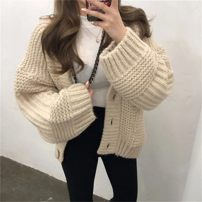 

New Autumn Women's Sweater Cardigan Coat Single Breasted V-Neck Loose Elegant Knitwear Jacket Female Casual Sweaters Outerwear