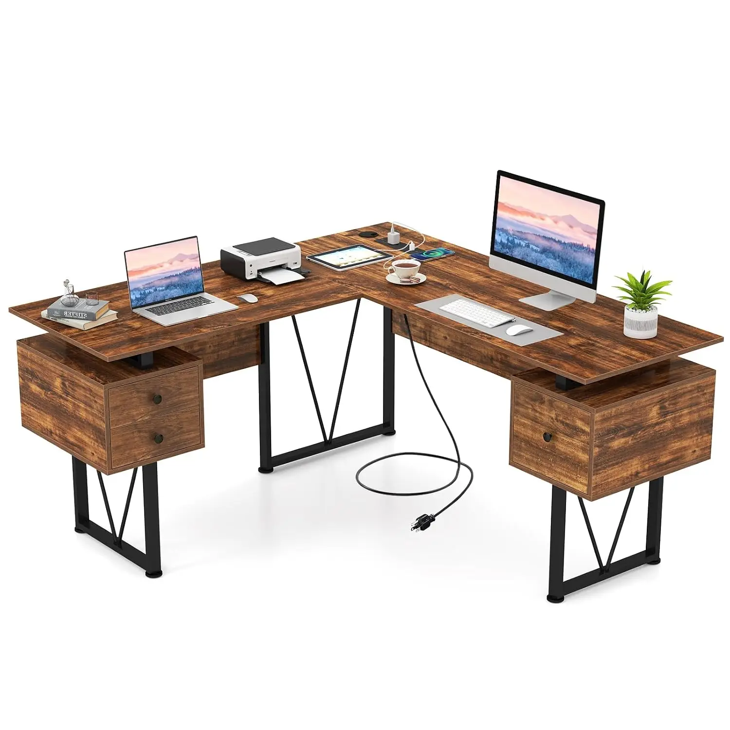 L-Shaped Desk With 3 Drawers & Charging Station, Corner Computer Desk With Metal Frame, Office Workstation, Customized