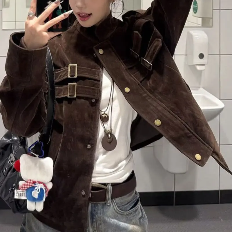 เสื้อแจ็คเก็ตวินเทจลายปะติดแฟชั่น สำหรับฤดูใบไม้ร่วงและฤดูหนาว คอตั้ง เสื้อผ้าผู้หญิง สีพื้น ทรงหลวม กระดุมแถวเดียว เสื้อโค้ทสั้น