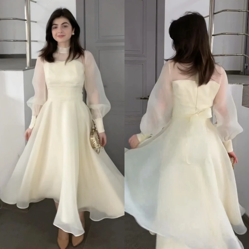 Customized Fashion Organza Ruched A-line High Collar Midi Dresses Quinceanera Dresses Elegant Exquisite High Quality Sizes Avail