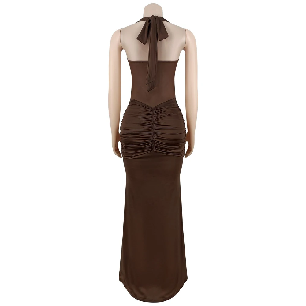 Sexy Transparentes Netzkleid mit Neckholder Rückenfreies Schnürkleid mit Vorderbindung Figurbetontes Partykleid Langes Abendkleid Clubwear Maxikleid für Damen – Detail 11
