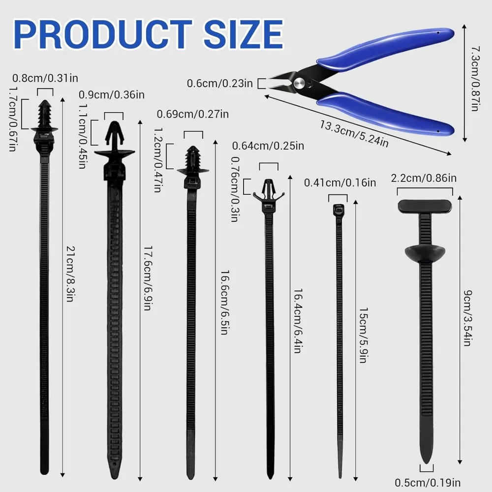 ชุดสายรัดเคเบิลไนลอนอเนกประสงค์ 261 ชิ้น - สายรัดไนลอนอเนกประสงค์พร้อมดีไซน์แบบกระดุม, สายรัดเคเบิลพร้อมที่ตัดสายแบบเรียบ