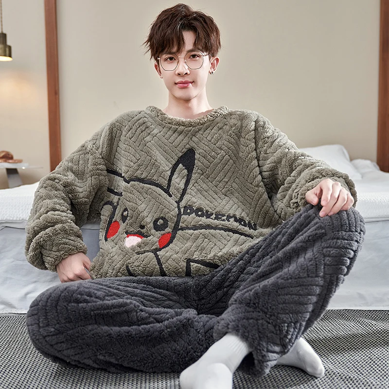 Winter Men\'s Autumn Warm Pajamas Set Man Casual  Coral Fleece  2Pcs Sleepwear Cartoon Male Loose Homewear Round Neck Pijmas suit