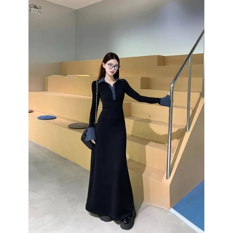 

Корейское трикотажное платье контрастного цвета с лацканами и длинными рукавами, новинка весны 202, тонкое внутреннее длинное платье А-образной формы с талией, женское