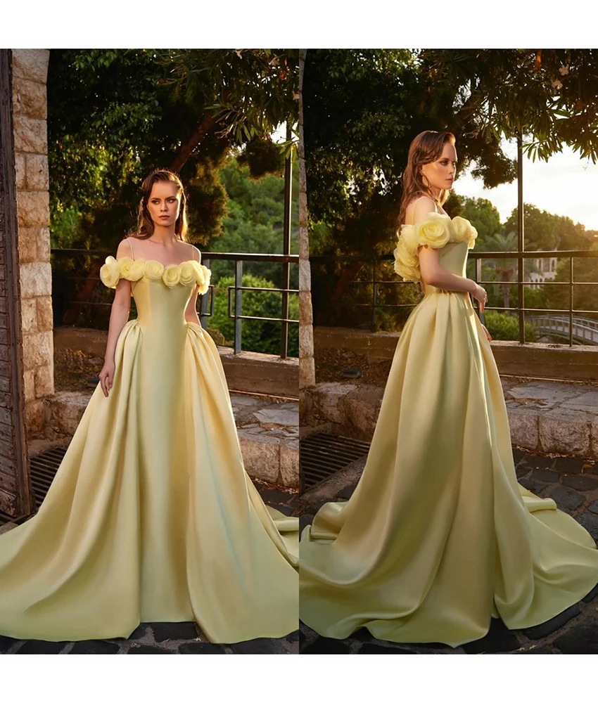 

Lzhk Customized Graceful Satin A-Line Spaghetti Straps 3D Flowers Evening Dress Delicate Boat Neck Sleeveless Prom Gowns