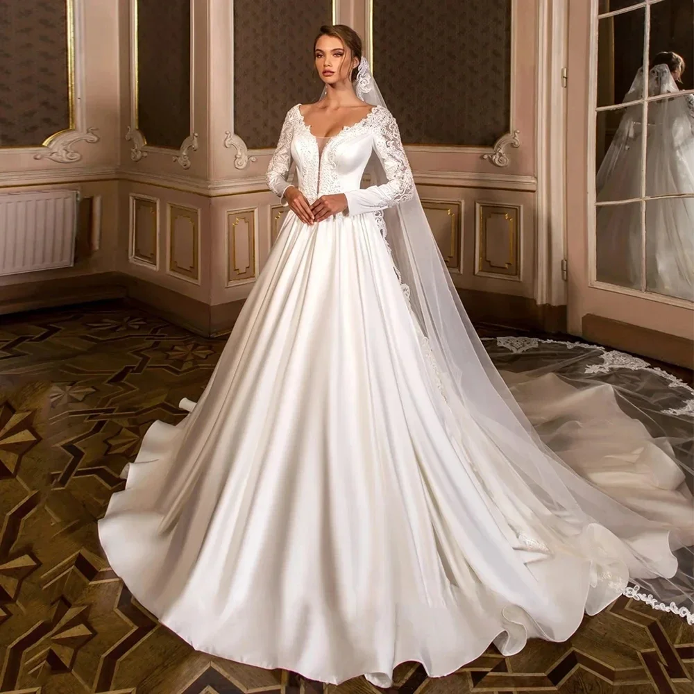 

Customized Luxury Satin Wedding Dress Elegant V Neck Long Sleeves Lace Applique Bridal Gown Bride Dress Vestido De Novia