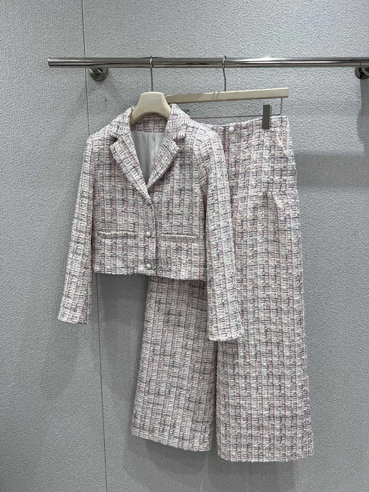 

Spring Summer New style Tweed Short coat Wide-leg pants Set Flip collar Single-row buckle Trousers Woman Fashion Set