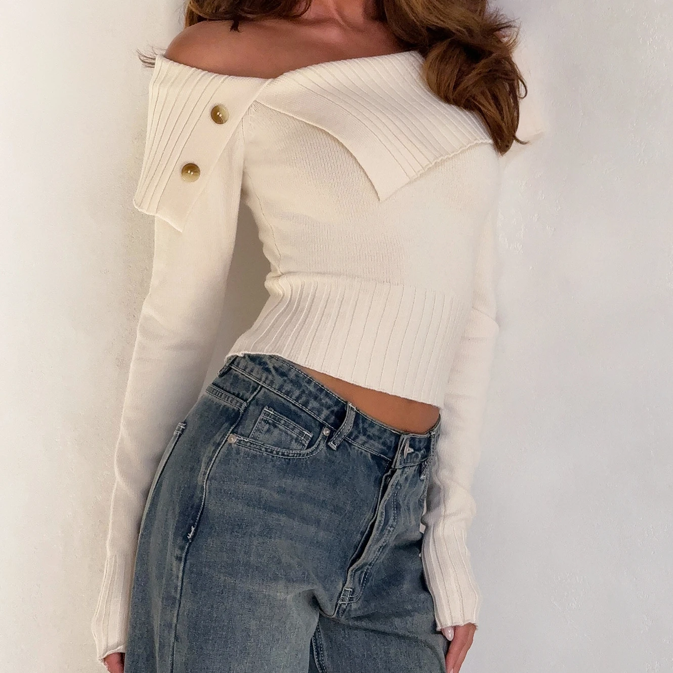 

Женский свитер с открытыми плечами, однотонный, с отложным воротником, с длинными рукавами, пуловеры на осень-зиму, повседневные джемперы, трикотажные топы в рубчик