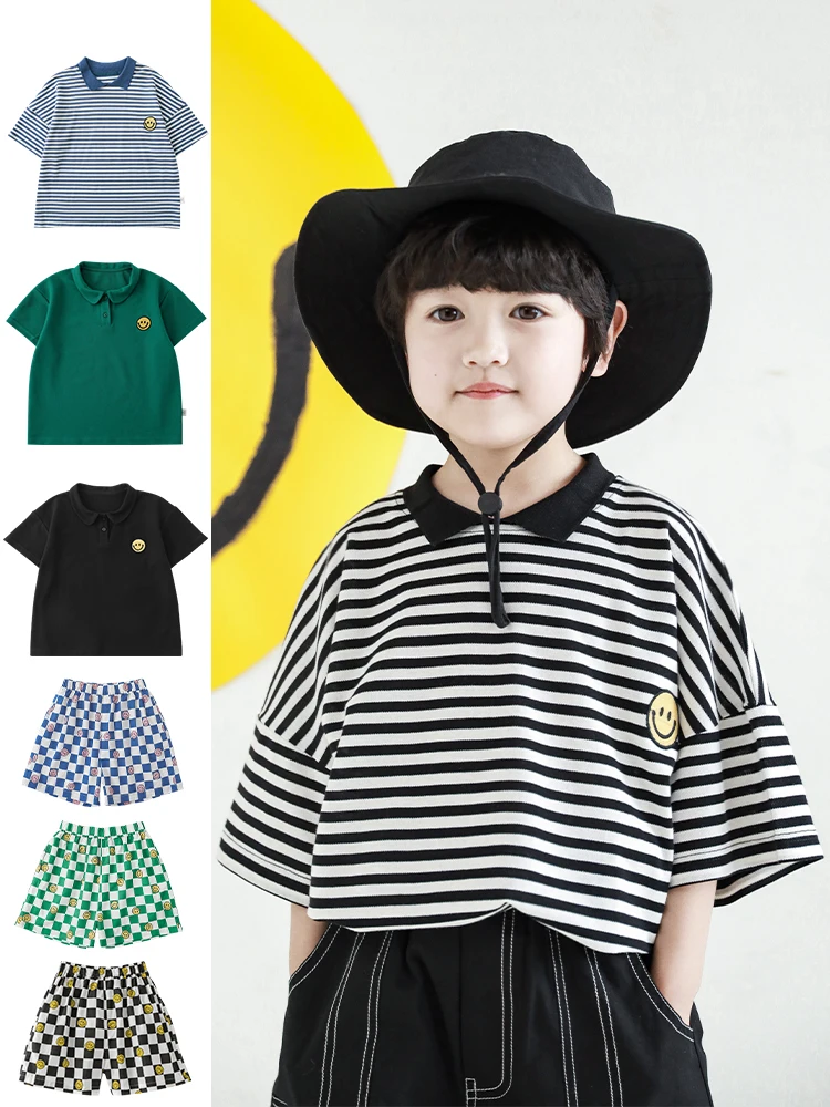 Young Boys College Wind Lapel Stripe Polo Shirt smile short-sleeved summer children’s checkerboard short pants suit