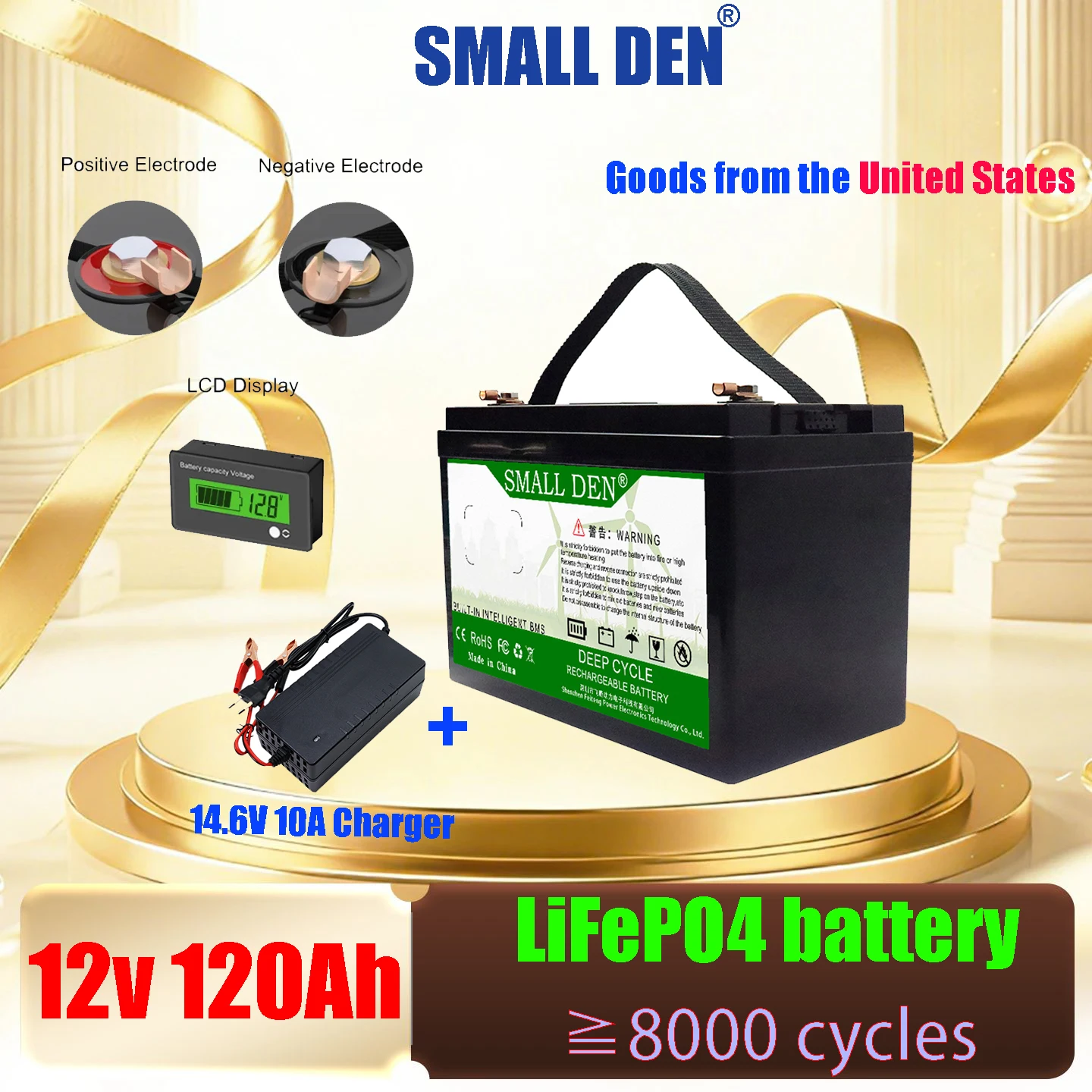 NEW 12V 120000Ah LiFePO4 Battery with BMS 8000 Cycles for RV Solar Golf Cart with 14 6V 10A Charger（US warehouse）