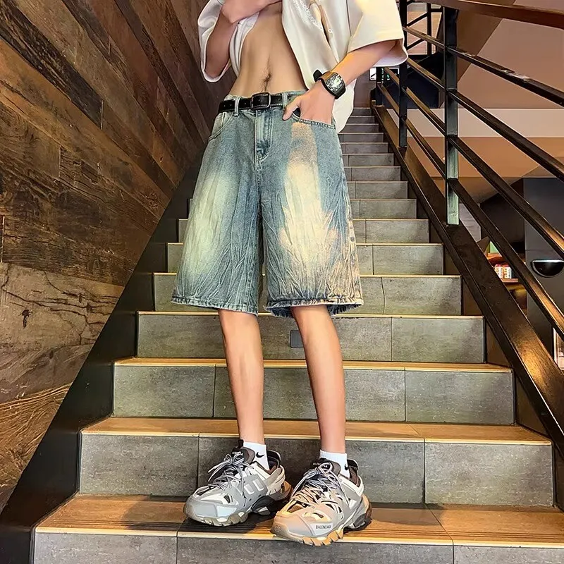 

Ripped Denim orts Men's Summer Thin American Retro Loose Straight Five-Point Casual Mid-Pants Loose Fit Straight Leg Jeans