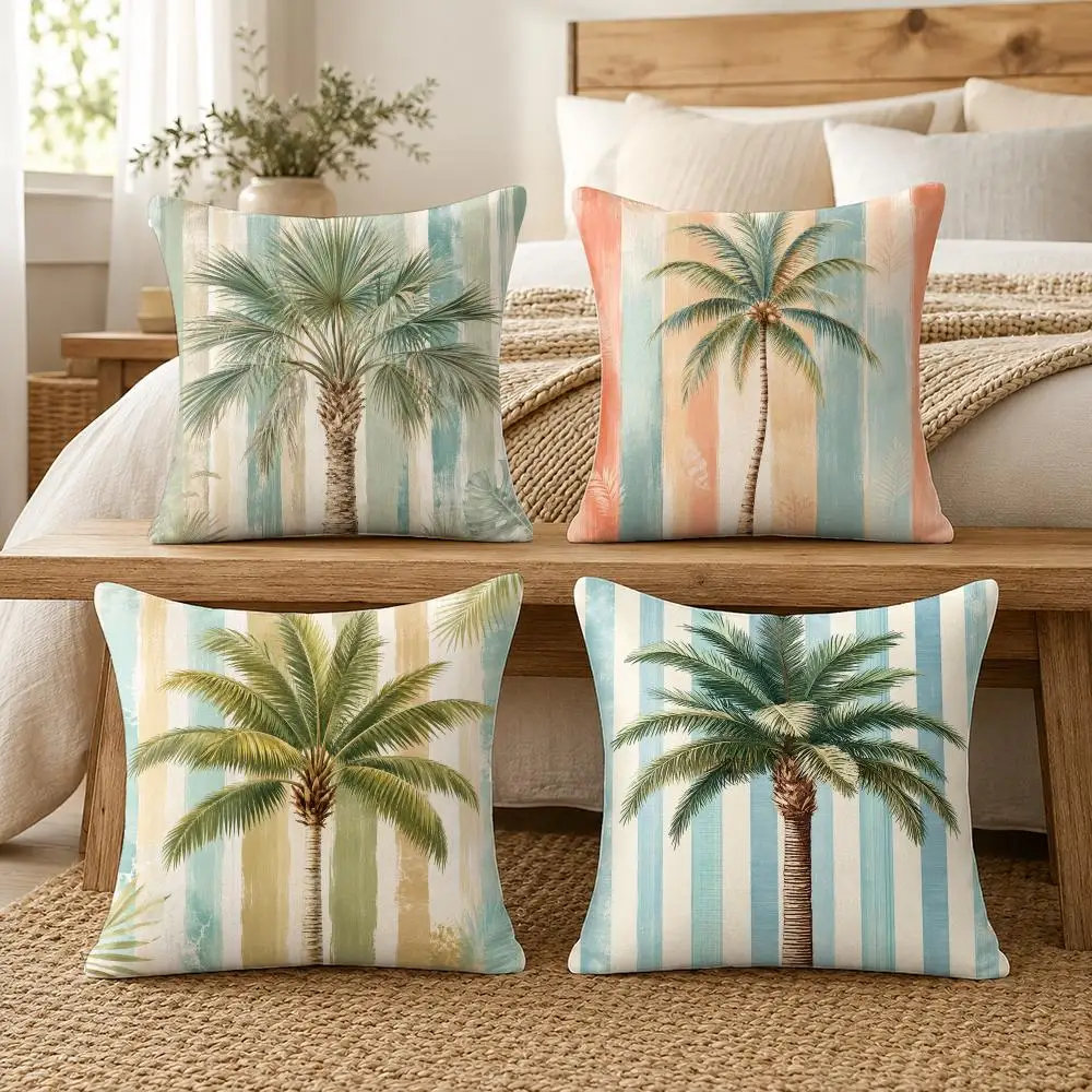 Tropical Palm Retreat Cushion Cover Soft Short Plush Pillow Cover Smooth Cozy Texture Aesthetic Cushion Case Home Decor