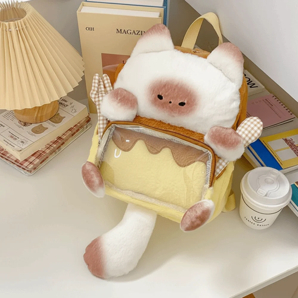 

Harajuku Kawaii Cat Plush Backpack Transparent Fluffy Bread Cat Itabag Cute Soft Student School Bag Casual Use