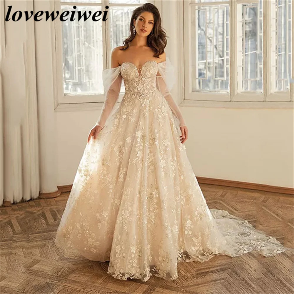 Lieverd Off Shoulder Prinses Trouwjurken A Line Bruid Jurken Kant 3d Bloemen Applique Bruidsjurk Custom Robe De Mariée