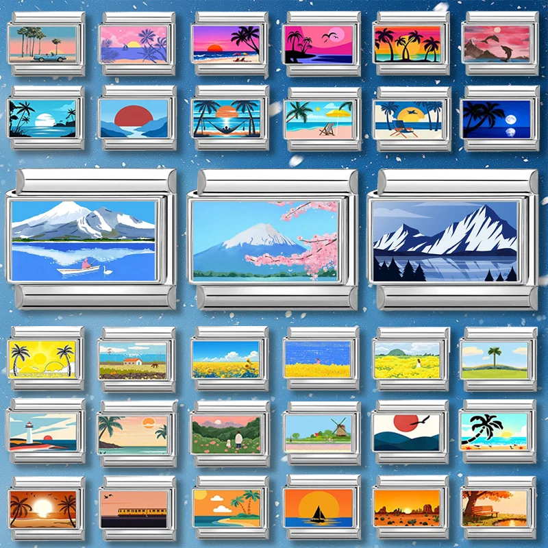 Fashion Colorful Scenery Boat Swan Lake Snow Mountain Charm Italian Link 9mm Bracelets Bangle Stainless Steel DIY Making Jewelry