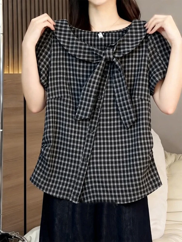 

Summer 2026 Large Size College Style Plaid Shirt Women's Short Sleeve Bow Tie Doll Collar Waist Cinched Anti-Aging Top